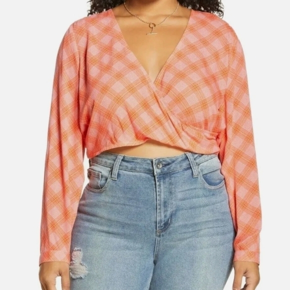 BP Wrap Top S NWT pink orange plaid - Picture 1 of 7